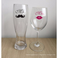 Mr Beard Mrs Lip beer glass and wine glass,Wedding couple glasses.